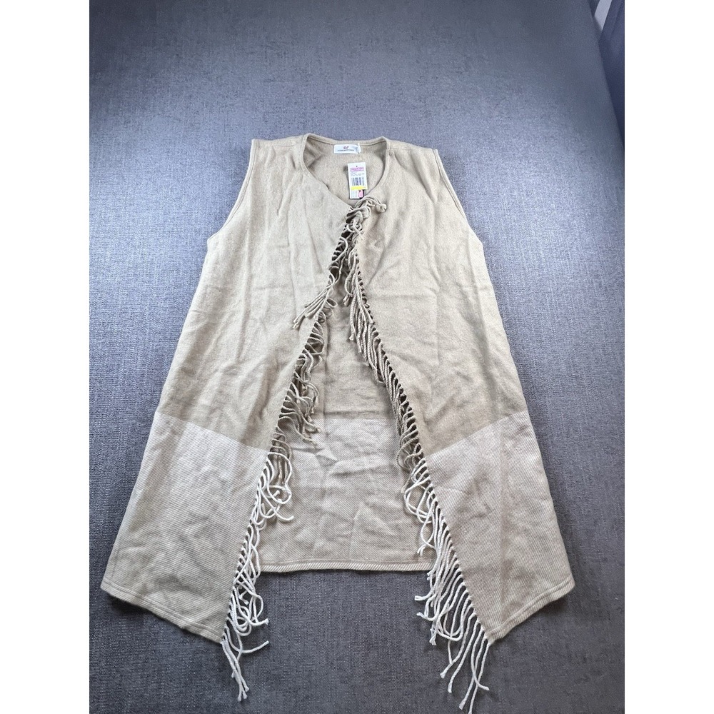 VINEYARD VINES Open Front Fringe Vest Sweater Oatmeal Heather Women's M NWT
